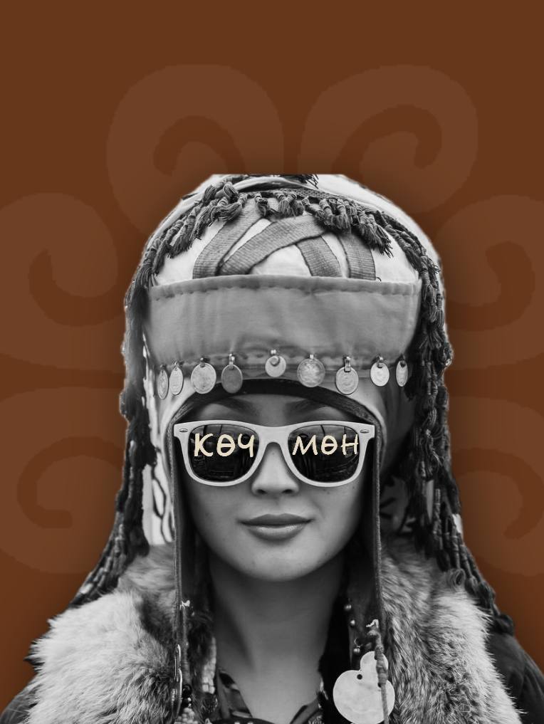 Nurkyz wearing a traditional Kyrgyz headdress and Kochmon Podcast sunglasses